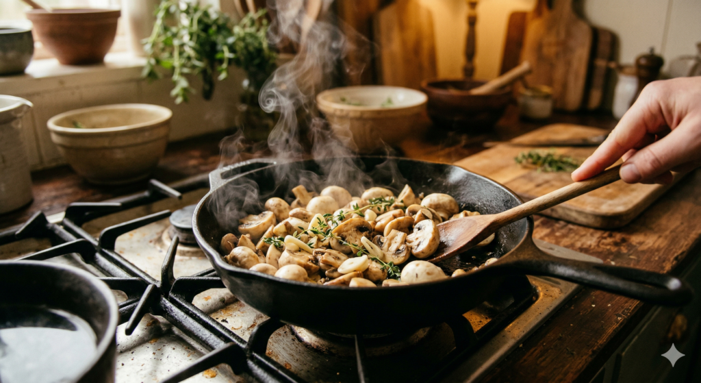 Sauteed white button mushrooms with garlic and herbs in a cast iron pan